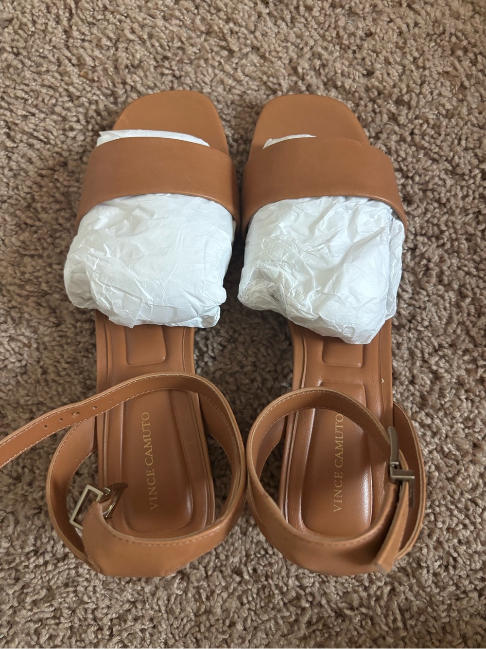 Vince Camuto Cognac Brown Leather Slide Sandals with Ankle Strap